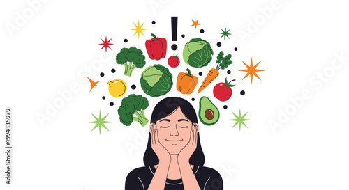 Peaceful woman closes her eyes and smiles while imagining a variety of healthy fresh vegetables floating above her head.