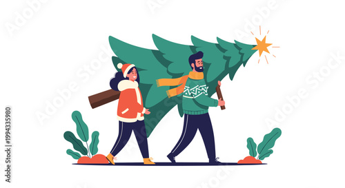Happy man and woman in winter clothes walk together while carrying a large green Christmas tree with a gold star.