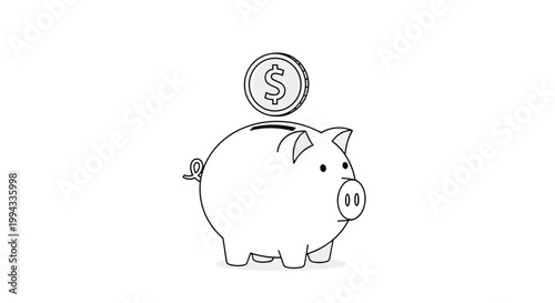 Classic ceramic piggy bank sits with a single large dollar coin being dropped into its slot in a clean line art drawing.