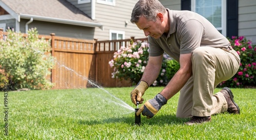 Man in work gloves kneels on a lush lawn, adjusting a spraying pop-up sprinkler head, performing essential irrigation system maintenance in a sunny backyard.