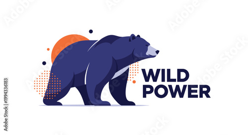 Large blue bear walking in profile with wild power text and abstract geometric shapes isolated on white back.