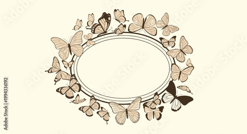 Elegant vintage frame composed of numerous hand drawn butterflies of various sizes and shapes on cream background.