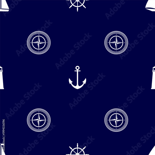 Seamless Navy pattern with anchor, lighthouse, steering wheel, boat. Seamless pattern for wallpaper, print, wrapping paper, textile.