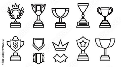 Set of outline trophy icons vector illustration achievement award cup icons collection minimal UI design line art