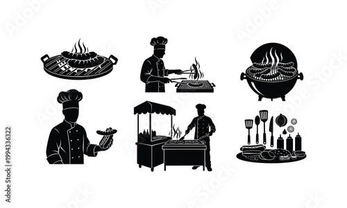 Vector silhouette illustration of chefs cooking hot dogs at grills and food stall.