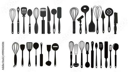 Collection of black silhouette kitchen icons vector illustration cooking utensils set minimal kitchenware outline design
