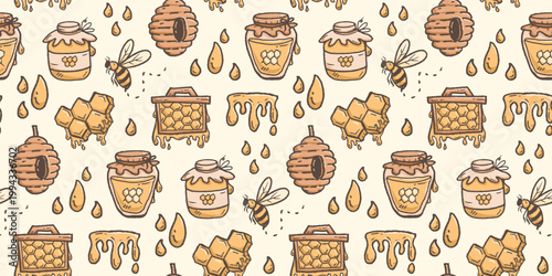 Honey hand drawn pattern. Honey farm background doodle. Beehive line art illustration for packaging. Bumble bee seamless pattern containing honeycomb, jar, dipper.