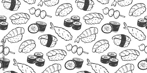 Sushi rolls doodle background. Japanese food pattern background. Cute Asian culinary seamless pattern. Japan cuisine hand drawn pattern with Sushi, Maki, Nigiri, Onigiri, Dango, Takoyaki, Tempura.