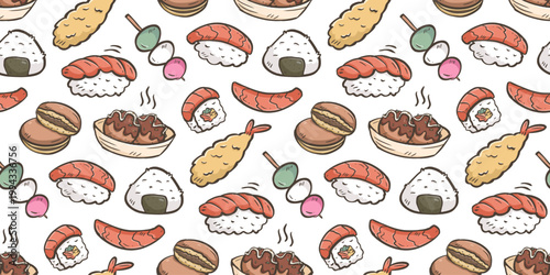 Sushi rolls doodle background. Japanese food pattern background. Cute Asian culinary seamless pattern. Japan cuisine hand drawn pattern with Sushi, Maki, Nigiri, Onigiri, Dango, Takoyaki, Tempura.