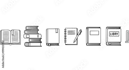 Minimal outline book icons featuring open book stack books notebook and book with pen vector set