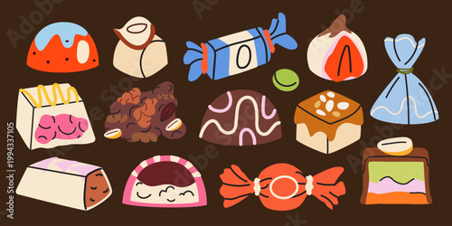 Large collection of various chocolate candies, pralines, truffles and wrapped sweets. Vector set of colorful confectionery treats for stickers, labels, sweet design