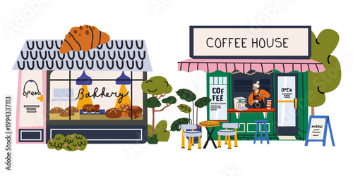 Small business storefronts exterior in cartoon flat style. Cozy bakery and modern coffee house with a barista. Flat vector illustration of street facade and local commerce