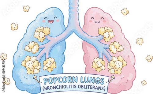 Popcorn Lung Disease Illustration with Cute Lungs and Popcorn Kernels