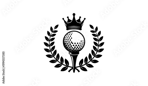 Golf ball on tee with wreath and crown black silhouette vector luxury badge design