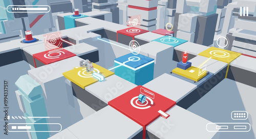 Vibrant isometric abstract puzzle game concept with futuristic cityscape elements, featuring colorful interactive platforms and strategic pathfinding challenges