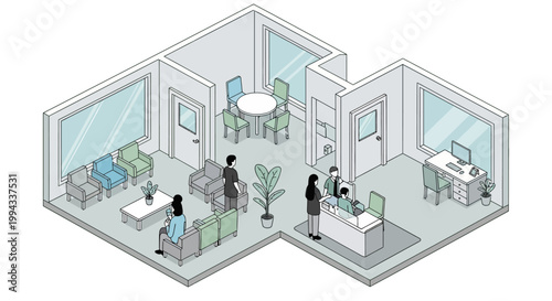 Minimalist isometric vector illustration of a waiting room with people seated and a reception desk, symbolizing healthcare or professional services