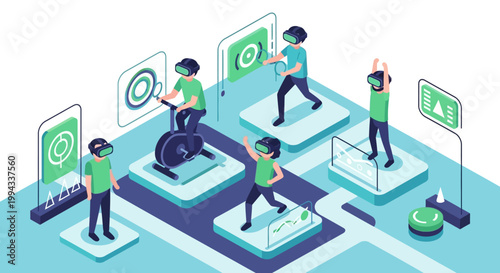 Immersive virtual reality fitness experiences with digital avatars and futuristic exercise equipment