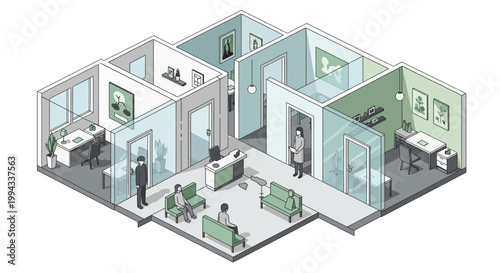 Isometric illustration of a modern dental clinic interior, showcasing patient waiting area, reception, and examination rooms