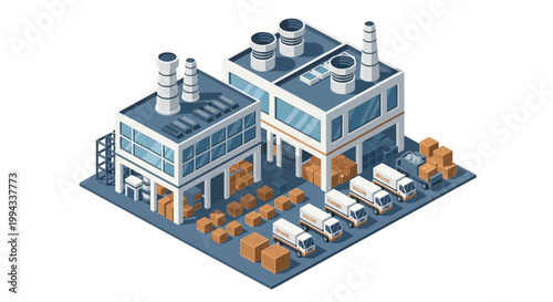 Isometric industrial factory complex with trucks and cargo, representing manufacturing and logistics operations