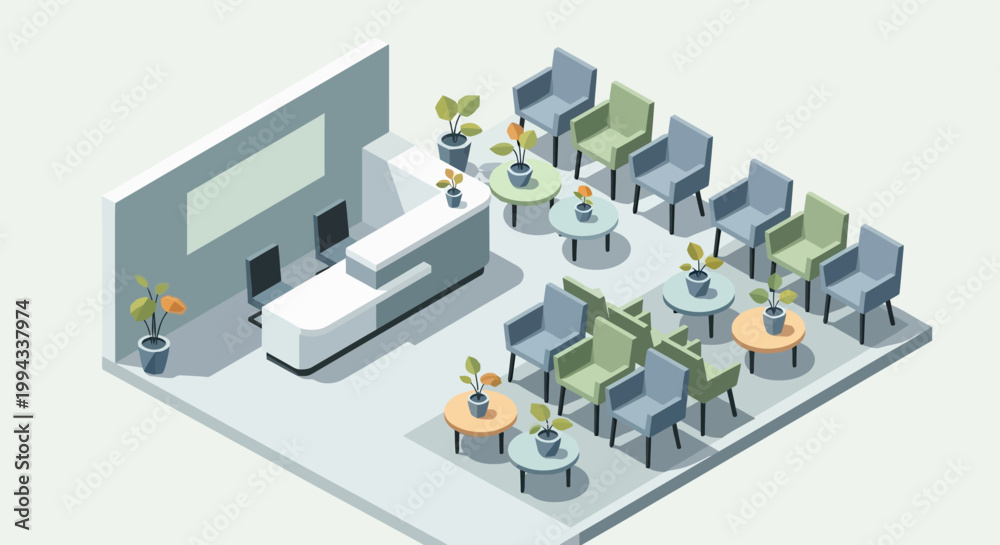 Fototapeta premium Clean isometric waiting room with plants, tables, and chairs for a modern office or clinic