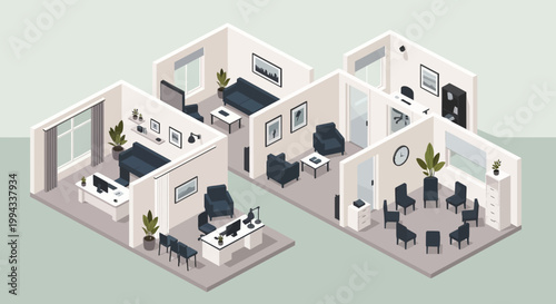 Isometric illustration of a modern office and therapy center layout. Multiple rooms for business, client consultations, and group therapy are shown with contemporary design