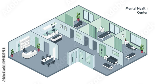 Isometric illustration of a mental health center floor plan showing patient rooms, reception, and offices