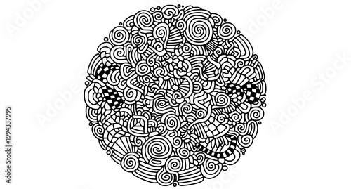Intricate circular doodle art a hypnotic black and white zentangle design for relaxation and mindfulness