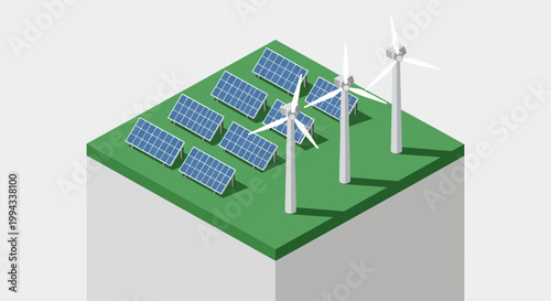 Green energy production with solar panels and wind turbines on a grassy hill with a light grey base, isometric illustration of renewable energy sources