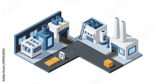 Isometric digital illustration of a modern factory complex with manufacturing units and logistics operations