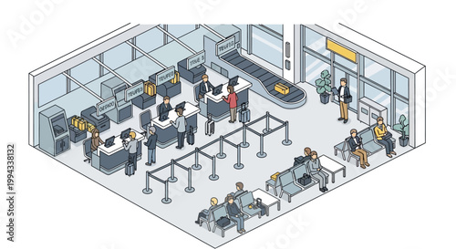 Isometric view of a busy airport departure hall with passengers and check-in counters
