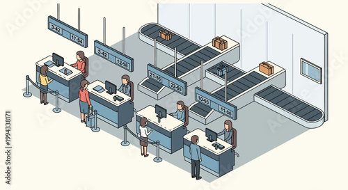 Airport check-in counters with passengers and luggage on conveyor belts in an isometric view