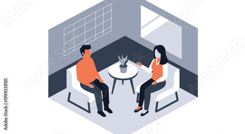 Modern isometric illustration of two professionals engaged in a focused conversation, symbolizing effective communication, collaboration, and advice within a contemporary office setting