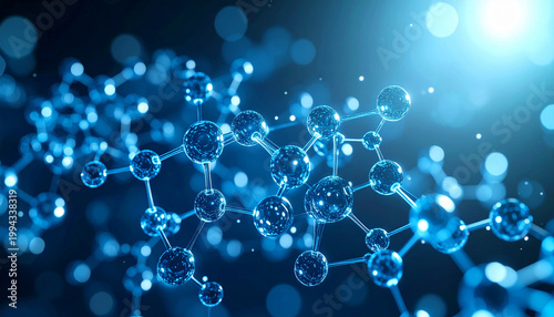 Abstract Blue Molecular Structure Background with Glass Spheres and Particle Bokeh for Science and Biotech Concepts
