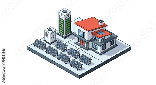 Isometric illustration depicting a modern smart home powered by sustainable solar energy with integrated battery storage, showcasing an advanced residential renewable power system for a green future