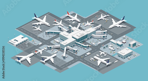 Isometric airport terminal with planes, vehicles, and terminal buildings, showcasing modern travel infrastructure in a bustling hub