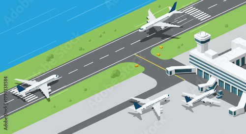 Isometric view of an airport tarmac with multiple airplanes parked and taxiing on the runway