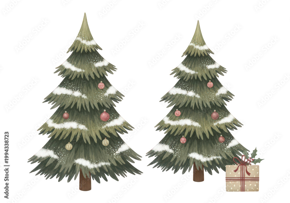 Fototapeta premium Two elegant christmas trees with gifts beneath them