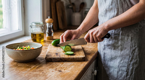 Close up of a person's hands wearing a linen apron, slicing a fresh green cucumber on a wooden board in a rustic.