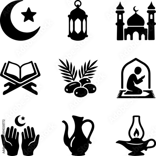 Nine Islamic Ramadan religious symbols and traditions icons set featuring Quran and mosque concept