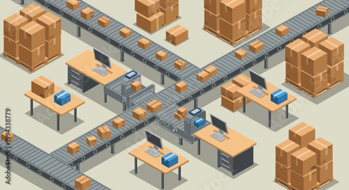 Isometric view of a busy automated warehouse with conveyor belts, boxes, and workstations for efficient logistics and supply chain management