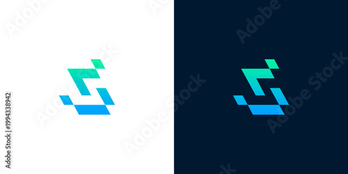 Modern abstract letter S logo design, digital gradient geometric shape on white and dark backgrounds