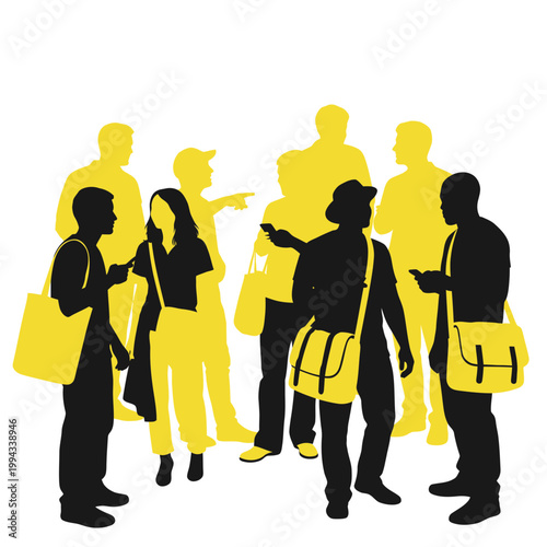 Diverse Group of People Silhouettes in Black and Yellow, Pointing and Communicating