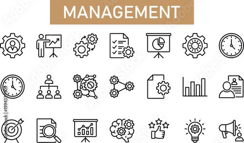 Business management and leadership line icon set featuring strategy planning, teamwork, analytics, productivity and corporate organization symbols