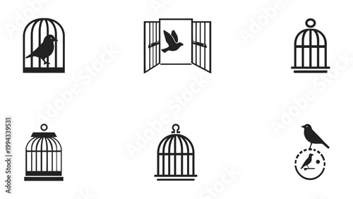 Wings of Freedom: A compilation of illustrations depicts the contrasting ideas of confinement and liberation. A solitary bird rests within its cage.