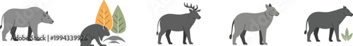 Animals stand in a line to show diversity in the wild forest ecosystem here.
