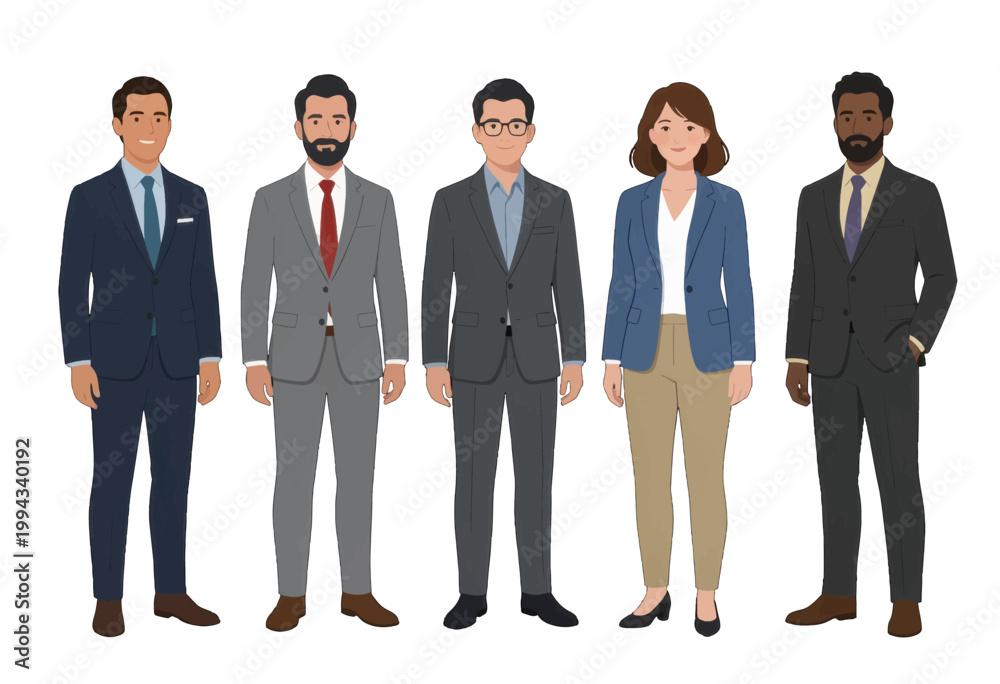 Fototapeta premium Business Team of Five Diverse Professionals Standing in Formal Suits, Isolated Vector Illustration for Corporate and Leadership Concepts