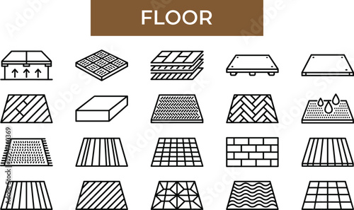 Floor material and surface texture icon set featuring tiles, wood patterns, carpets and construction flooring types in outline style