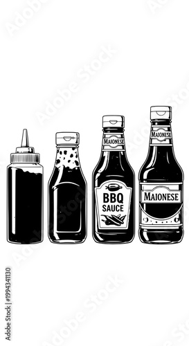 Sauce bottles illustration with BBQ sauce and mayonnaise labels, condiment set for cooking, kitchen design and food menu graphics