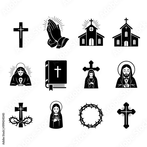 Christian icons set with crosses, churches, and religious figures featuring nuns, praying hands, bible with halo and crucifix elements for crown of