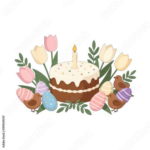 Easter Cake with Candle and Colorful Eggs Surrounded by Tulips and Chicks, Isolated Vector Illustration for Spring Holiday Design